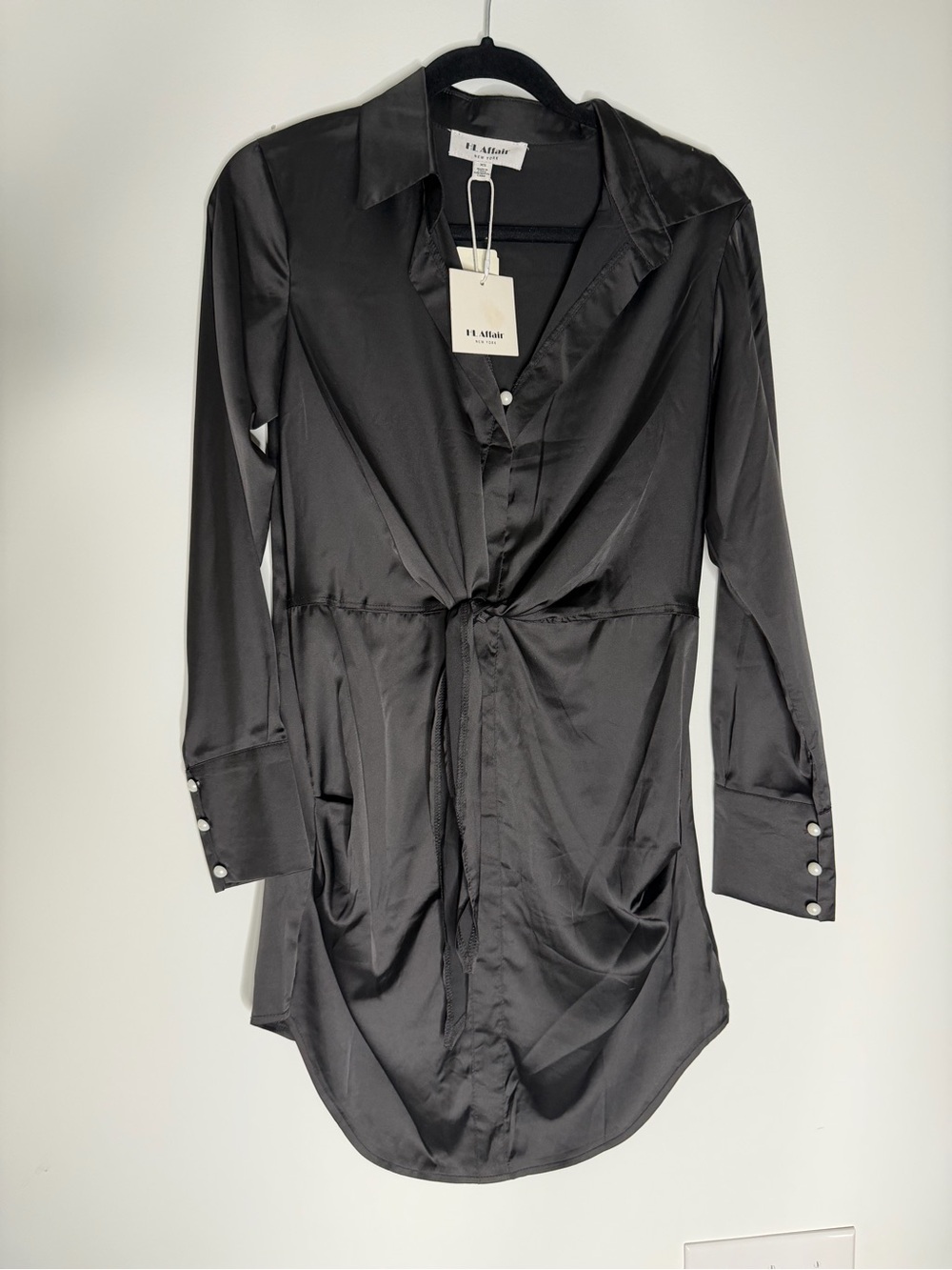 HL Affair Black Satin Button-Front Tie-Waist Shirt Dress